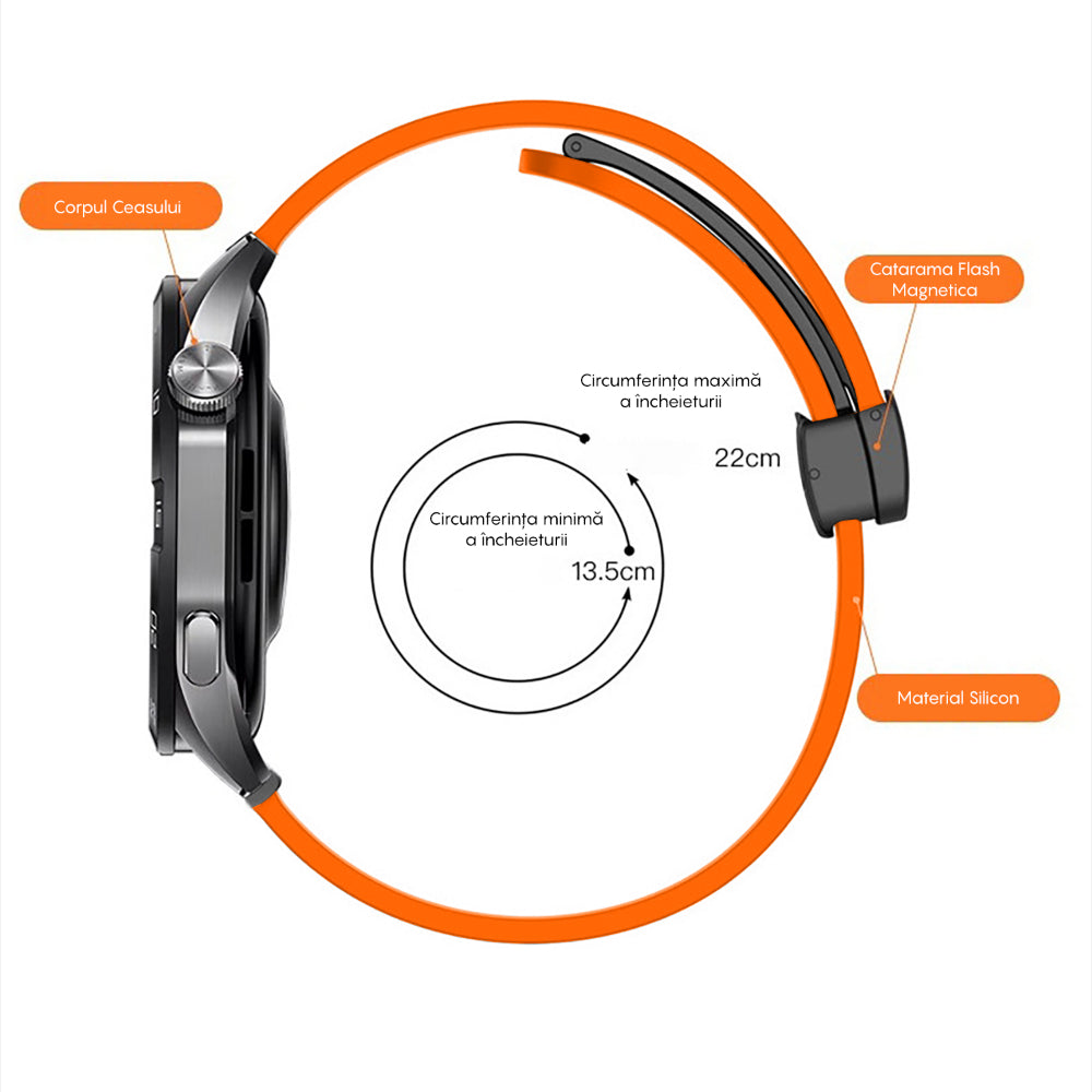 Curea Silicone Metallic Link - Honor Watch GS 4/GS 3/GS 3i/4 Pro/GS Pro/Magic 2 46mm/Magic 1/Dream - 22mm - Portocaliu