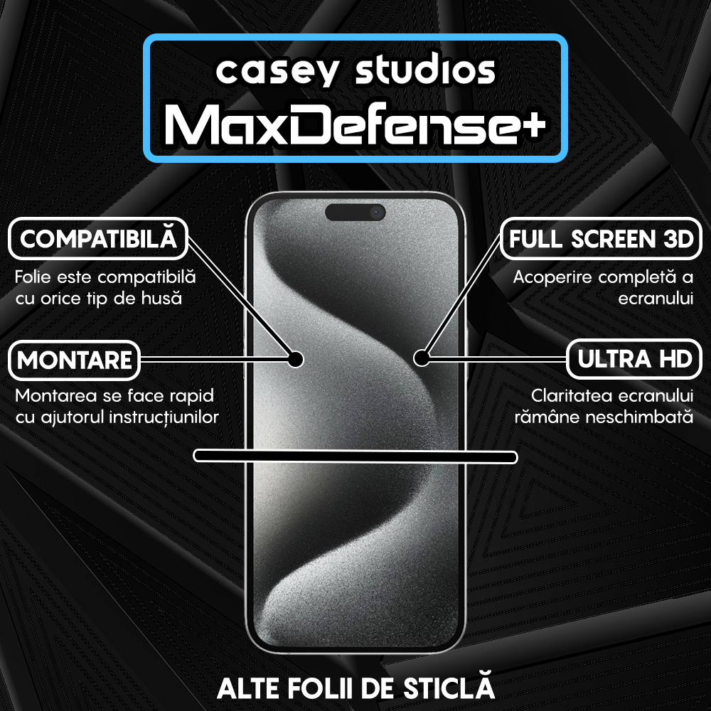 Folie Sticla MaxDefense+ - iPhone 15 Pro Max - Negru