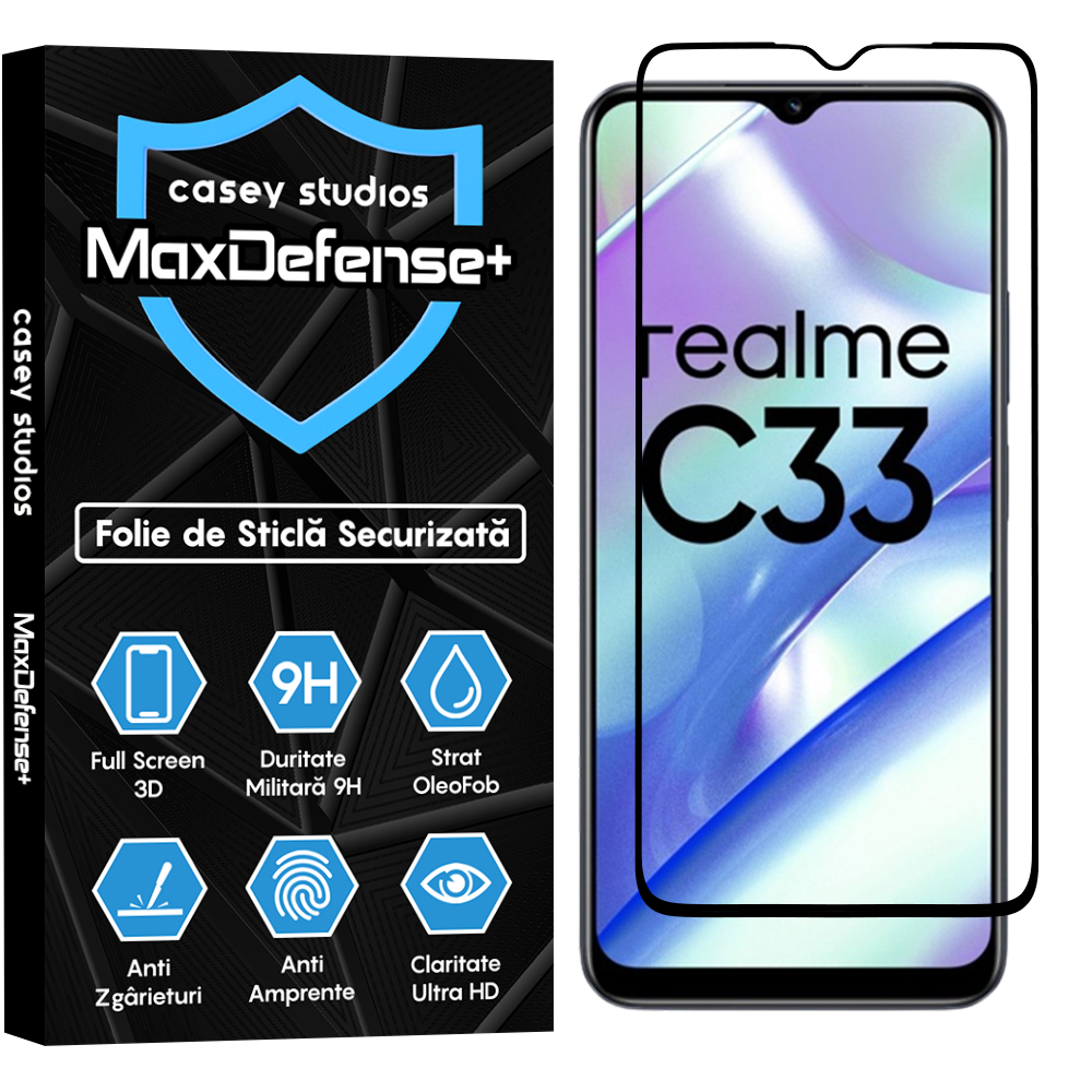Folie Sticla MaxDefense+ - Realme C33 - Negru