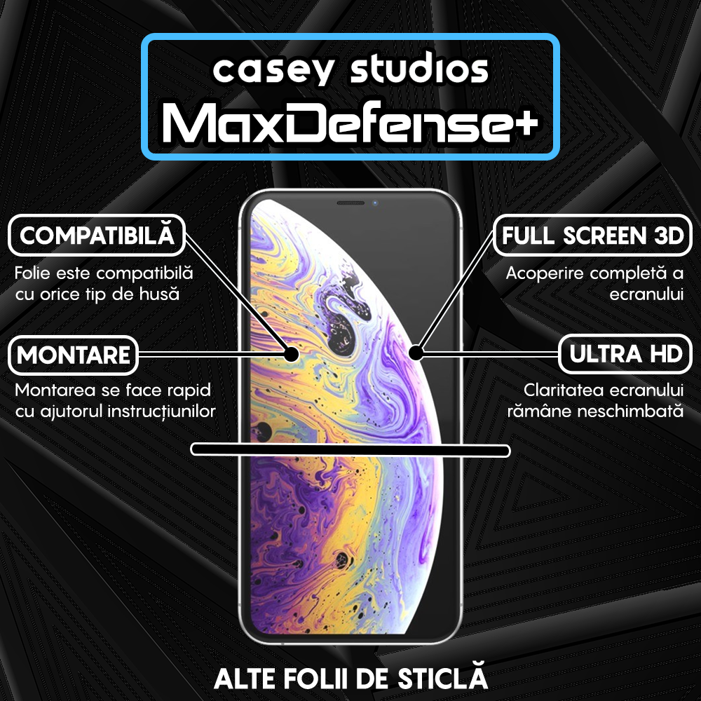 Folie Sticla MaxDefense+ - iPhone X/XS - Negru