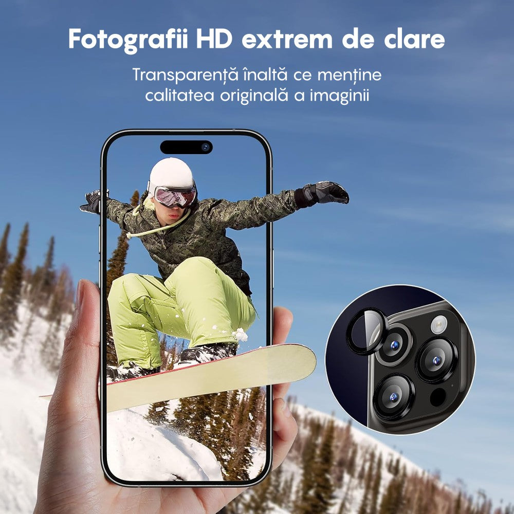 Folie Sticla Lentile Camera MaxDefense+ - iPhone 15/15 Plus - Negru