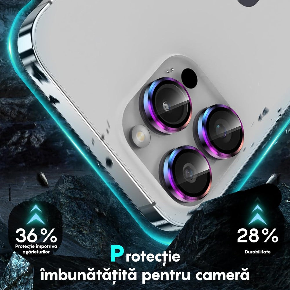 Folie Sticla Lentile Camera MaxDefense+ - iPhone 15/15 Plus - Curcubeu