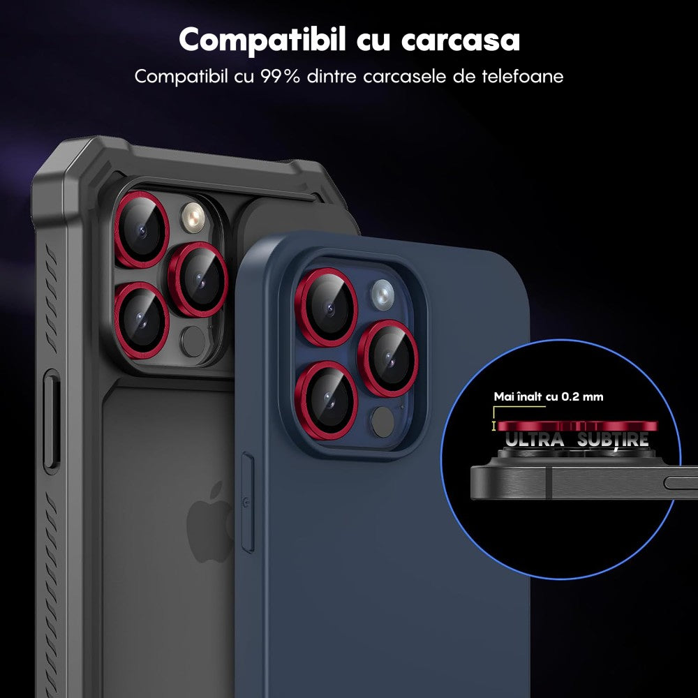 Folie Sticla Lentile Camera MaxDefense+ - iPhone 15/15 Plus - Rosu
