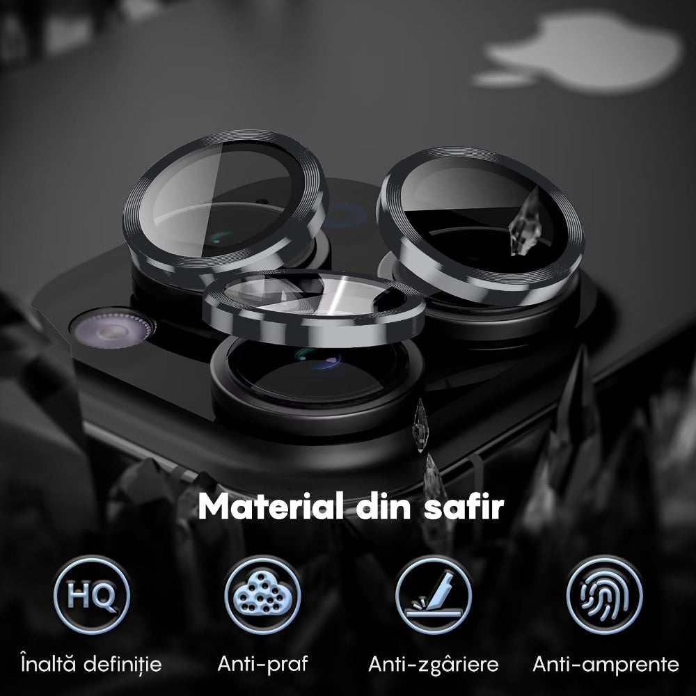 Folie Sticla Lentile Camera MaxDefense+ - iPhone 15 Pro/15 Pro Max - Argintiu