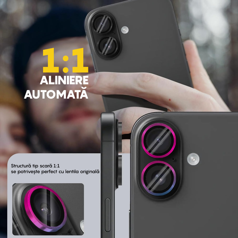 Folie Sticla Lentile Camera MaxDefense+ - iPhone 16/16 Plus - Curcubeu