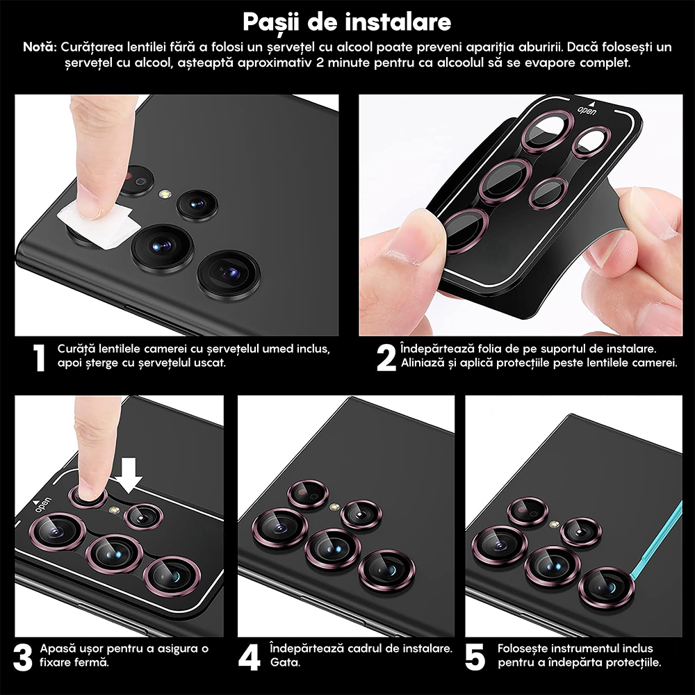 Folie Sticla Lentile Camera MaxDefense+ - Samsung Galaxy S23 Ultra - Roz