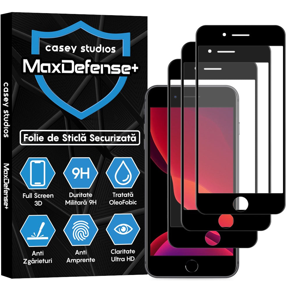 Pachet 3x Folie Sticla MaxDefense+ - iPhone 7 Plus/8 Plus - Negru