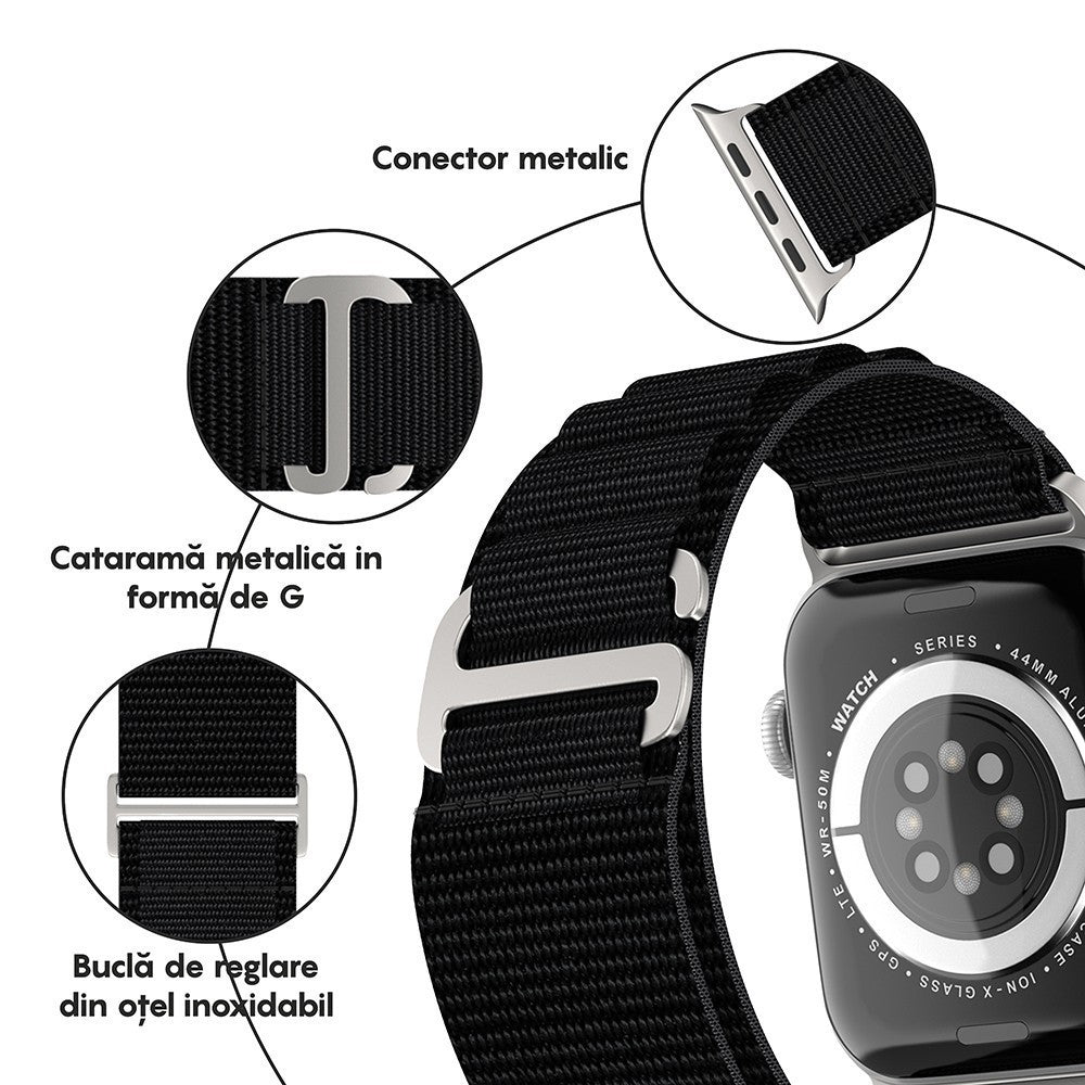 Curea Alpine Adventure - Apple Watch 1/2/3/4/5/6/7/8/9/10/11/SE/SE2/SE3/Ultra 1/Ultra 2/Ultra 3 - 42/44/45/46/49 MM - Negru