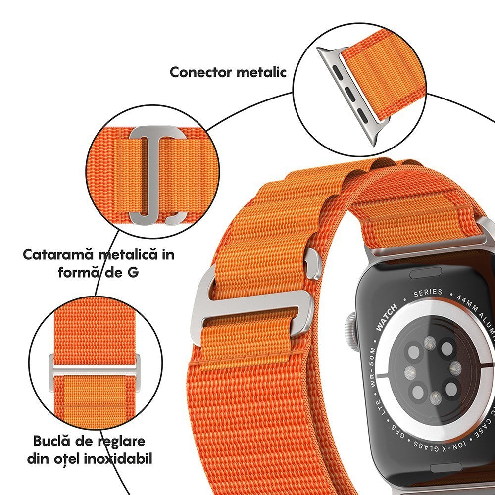 Curea Alpine Adventure - Apple Watch 1/2/3/4/5/6/7/8/9/10/11/SE/SE2/SE3/Ultra 1/Ultra 2/Ultra 3 - 42/44/45/46/49 MM - Portocaliu