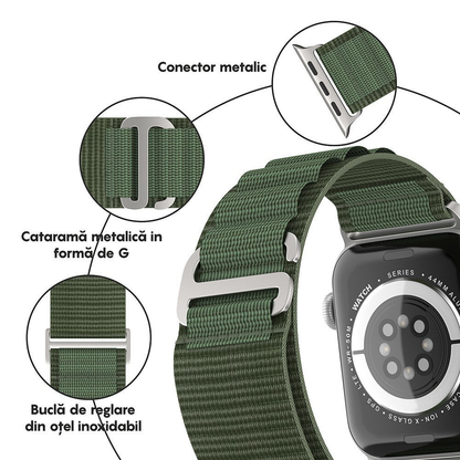Curea Alpine Adventure - Apple Watch 1/2/3/4/5/6/7/8/9/10/11/SE/SE2/SE3/Ultra 1/Ultra 2/Ultra 3 - 42/44/45/46/49 MM - Verde Inchis