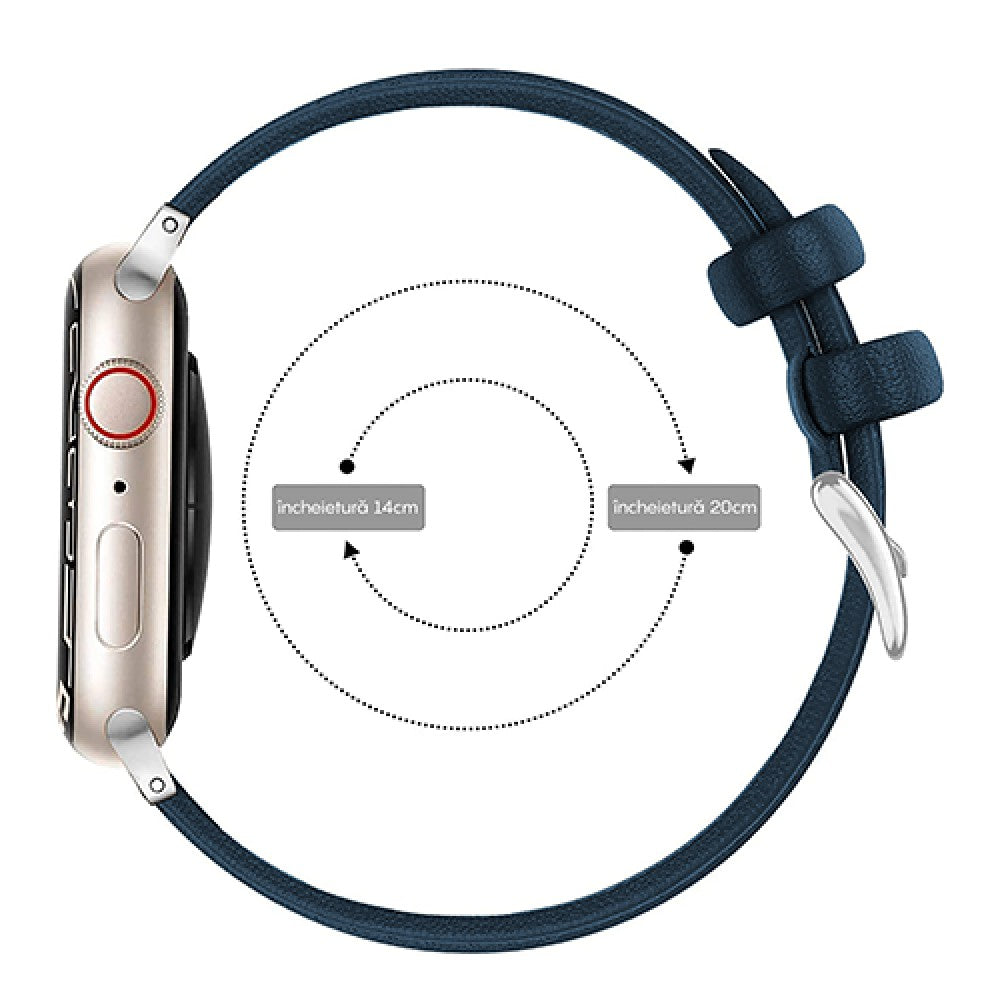 Curea Leather Heritage - Apple Watch 1/2/3/4/5/6/7/8/9/10/11/SE/SE2/SE3/Ultra 1/Ultra 2/Ultra 3 - 42/44/45/46/49 MM - Albastru/Alb