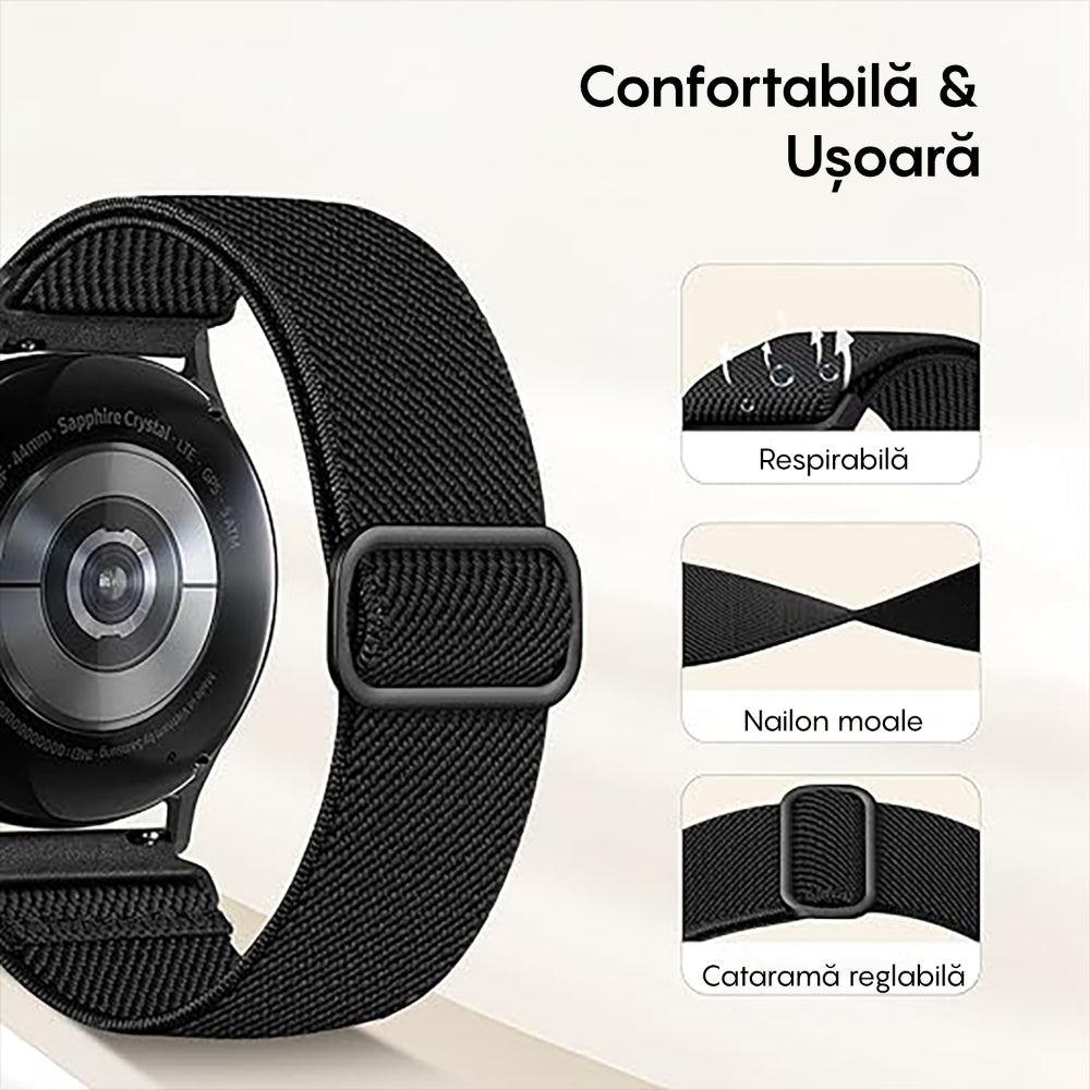 Curea Braided Classic - Samsung Galaxy Watch 7/6/6 Classic/5 Pro/5/4/4 Classic/3 41mm/42 mm/Active 2/Active/FE - 20mm - Negru