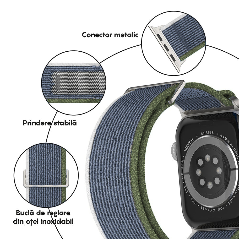 Curea Trail Scout - Apple Watch 1/2/3/4/5/6/7/8/9/10/11/SE/SE2/SE3 - 38/40/41/42 MM - Verde Alb