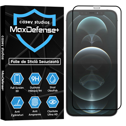 Folie Sticla MaxDefense+ - iPhone 12/12 Pro - Negru