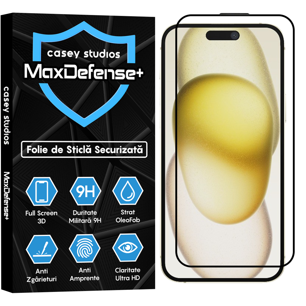 Folie Sticla MaxDefense+ - iPhone 15 Plus - Negru