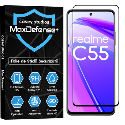 Folie Sticla MaxDefense+ - Realme C55 - Negru