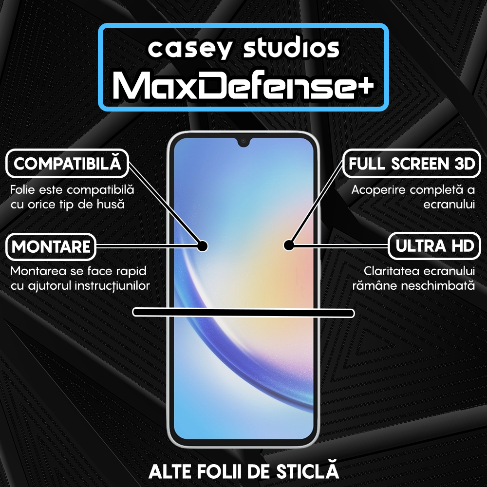 Folie Sticla MaxDefense+ - Samsung Galaxy A15/A15 5G/A24 4G/A25/M15 - Negru