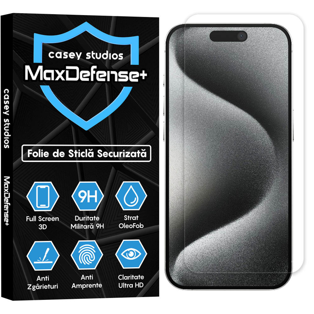 Folie Sticla MaxDefense+ - iPhone 15 Pro - Clear