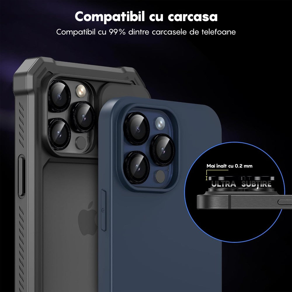 Folie Sticla Lentile Camera MaxDefense+ - iPhone 12/12 Mini - Negru