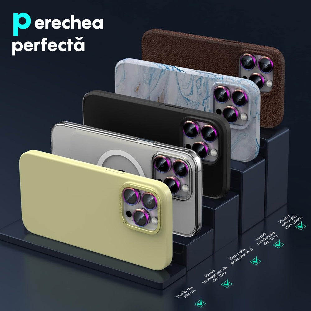 Folie Sticla Lentile Camera MaxDefense+ - iPhone 14 Pro/14 Pro Max - Curcubeu