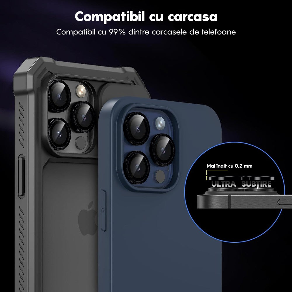 Folie Sticla Lentile Camera MaxDefense+ - iPhone 15/15 Plus - Negru