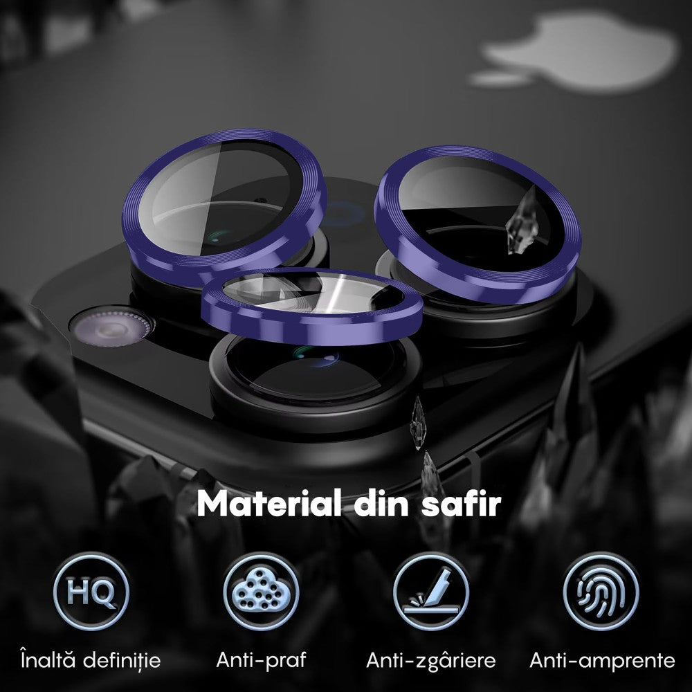 Folie Sticla Lentile Camera MaxDefense+ - iPhone 15 Pro/15 Pro Max - Mov Inchis