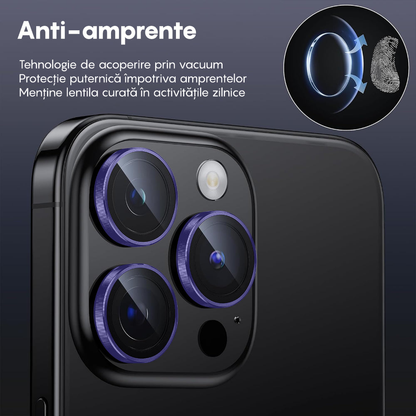 Folie Sticla Lentile Camera MaxDefense+ - iPhone 15 Pro/15 Pro Max - Mov Inchis