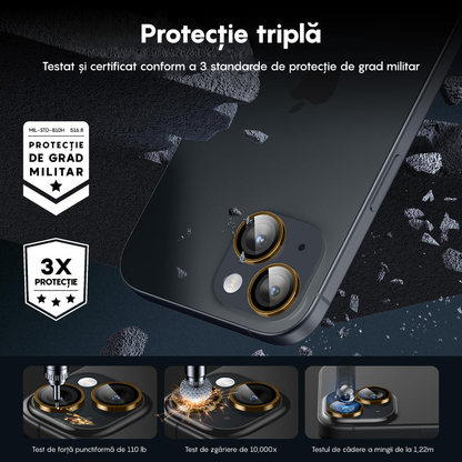 Folie Sticla Lentile Camera MaxDefense+ - iPhone 15 Pro/15 Pro Max - Galben