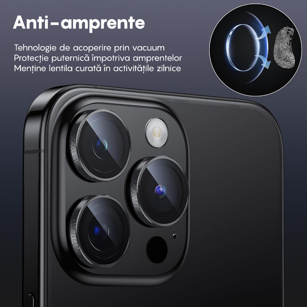 Folie Sticla Lentile Camera MaxDefense+ - iPhone 15 Pro/15 Pro Max - Argintiu