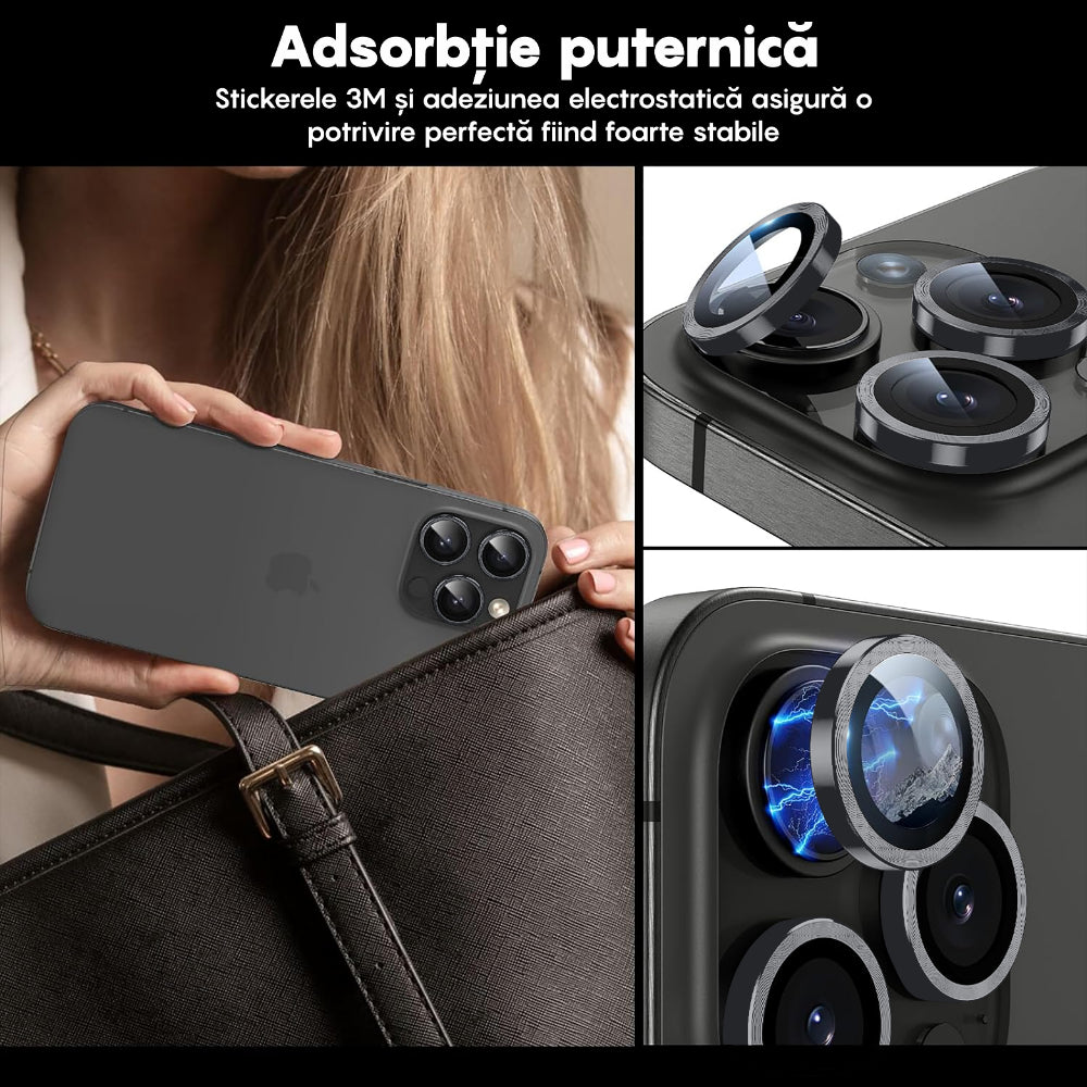 Folie Sticla Lentile Camera MaxDefense+ - iPhone 15 Pro/15 Pro Max - Argintiu