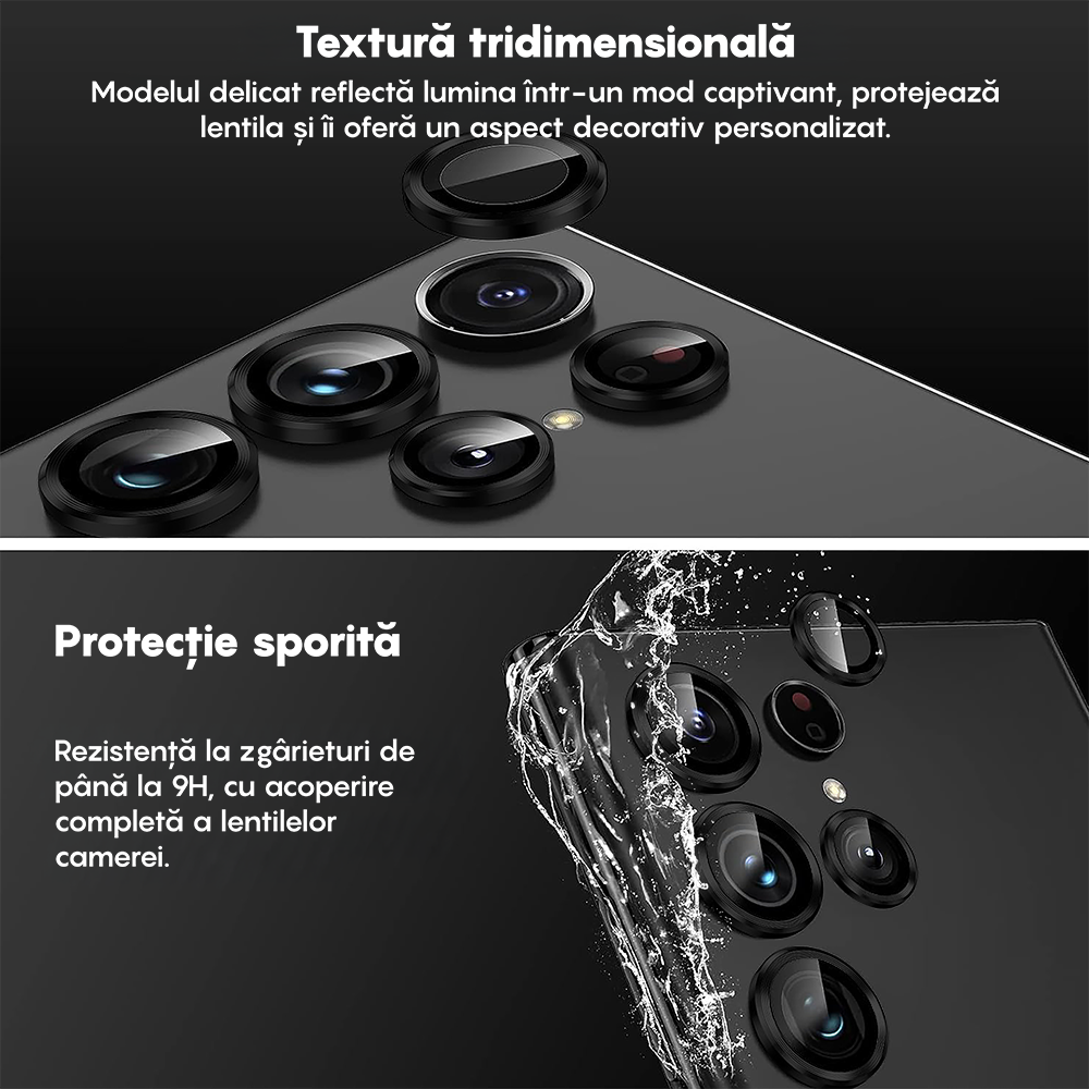 Folie Sticla Lentile Camera MaxDefense+ - Samsung Galaxy S23 Ultra - Negru