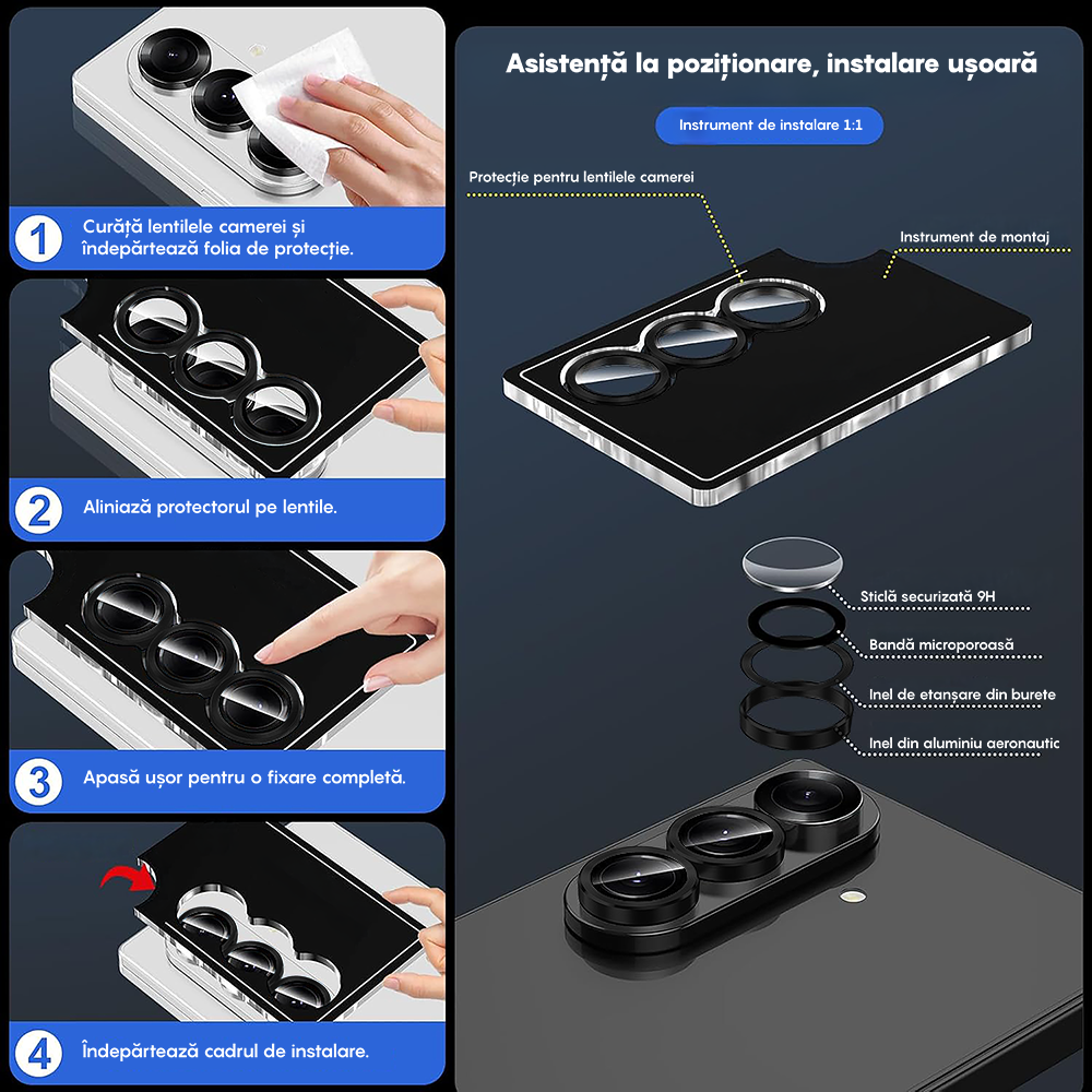 Folie Sticla Lentile Camera MaxDefense+ - Samsung Galaxy Z Fold6 - Negru