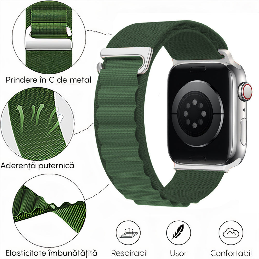 Curea Alpine Summit - Apple Watch 1/2/3/4/5/6/7/8/9/10/11/SE/SE2/SE3/Ultra 1/Ultra 2/Ultra 3 - 42/44/45/46/49 MM - Verde Inchis