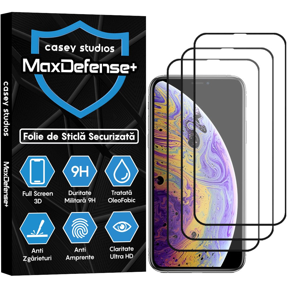 Pachet 3x Folie Sticla MaxDefense+ - iPhone XS Max - Negru